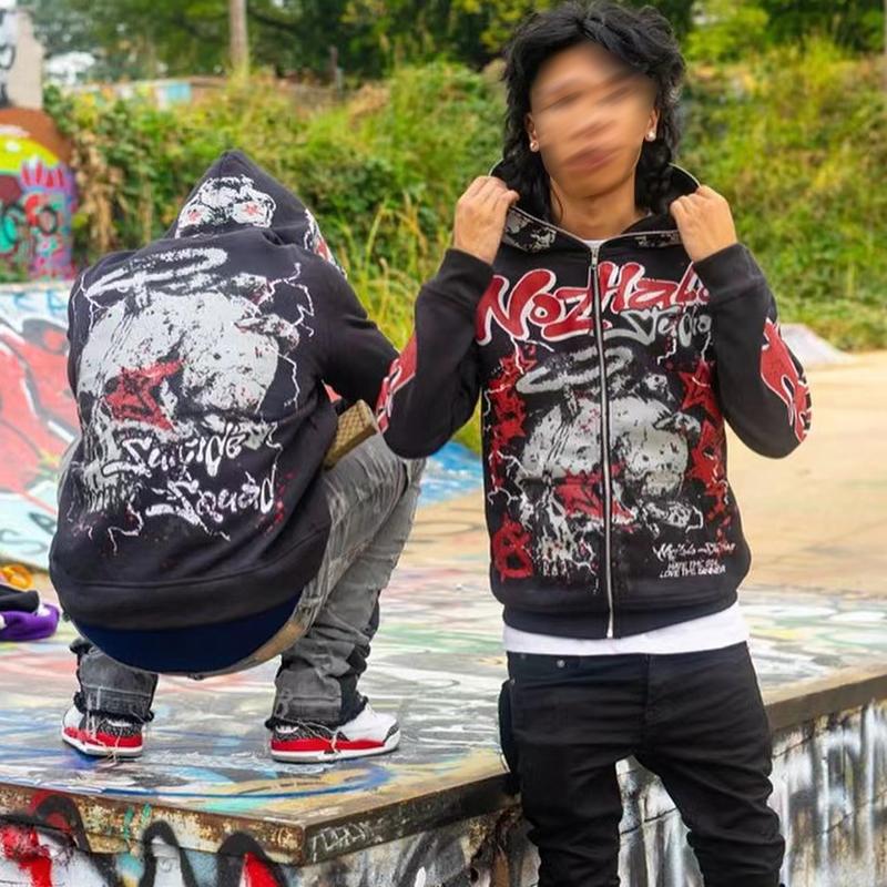 Sopula Retro Hellfire Death Skull Graphic Streetwear Zip-Up Hoodie Product Image