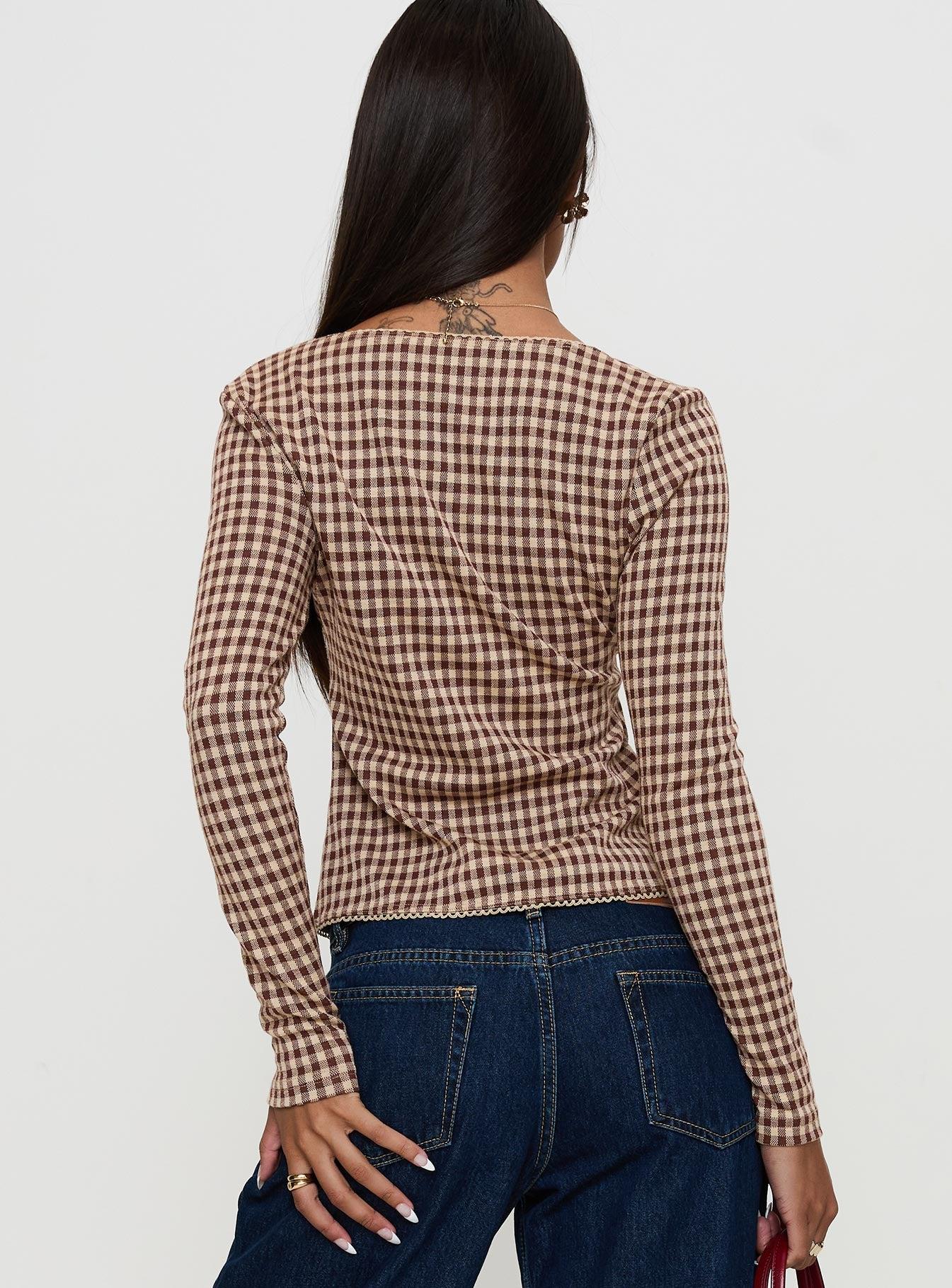 Maemi Long Sleeve Tie Up Top Brown Check Product Image