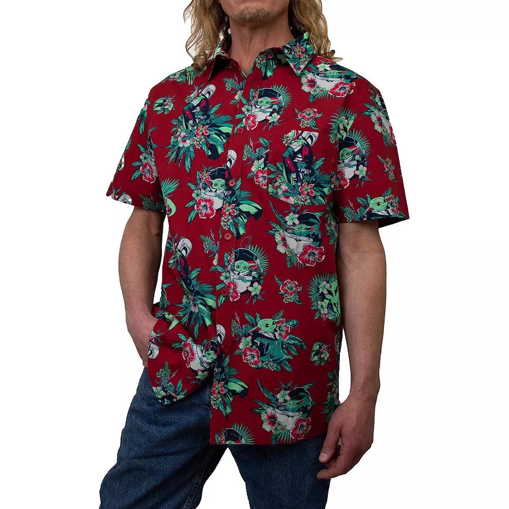 Men's Baby Yoda Hawaiian Bouquet Button Up, Size: Large, Red Product Image