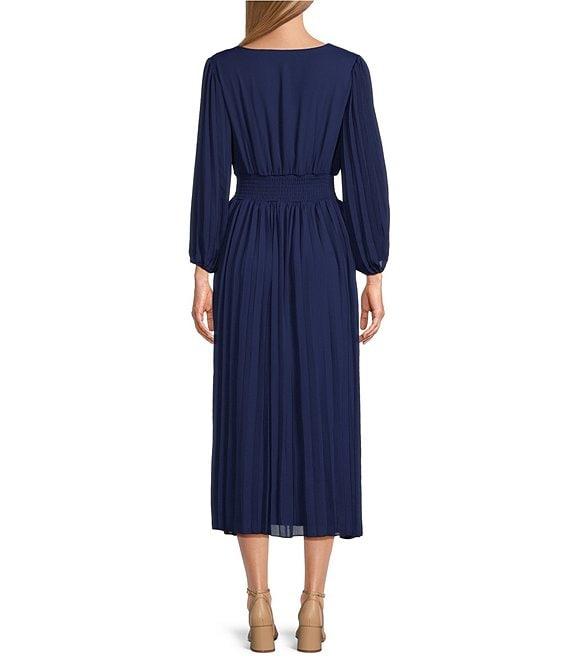 Marina V-Neck 3/4 Sleeve Pleated Midi Dress Product Image