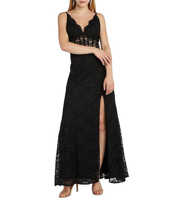 Morgan & Co. Sleeveless Spaghetti Strap Scalloped V-Neck Illusion Corset-Bodice Slit Hem Long Glitter Lace Dress Product Image