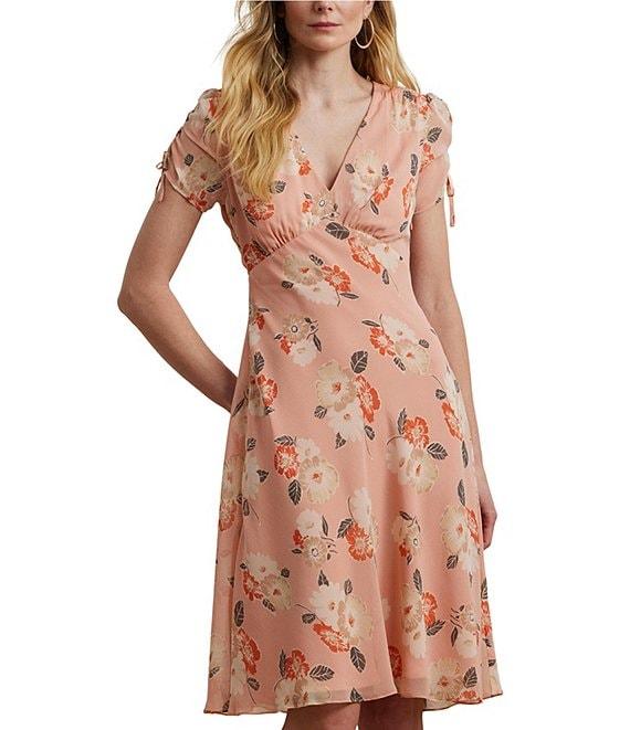 Lauren Ralph Lauren Georgette Floral Print V-Neck Short Sleeve Fit and Flare Knee Length Dress Product Image