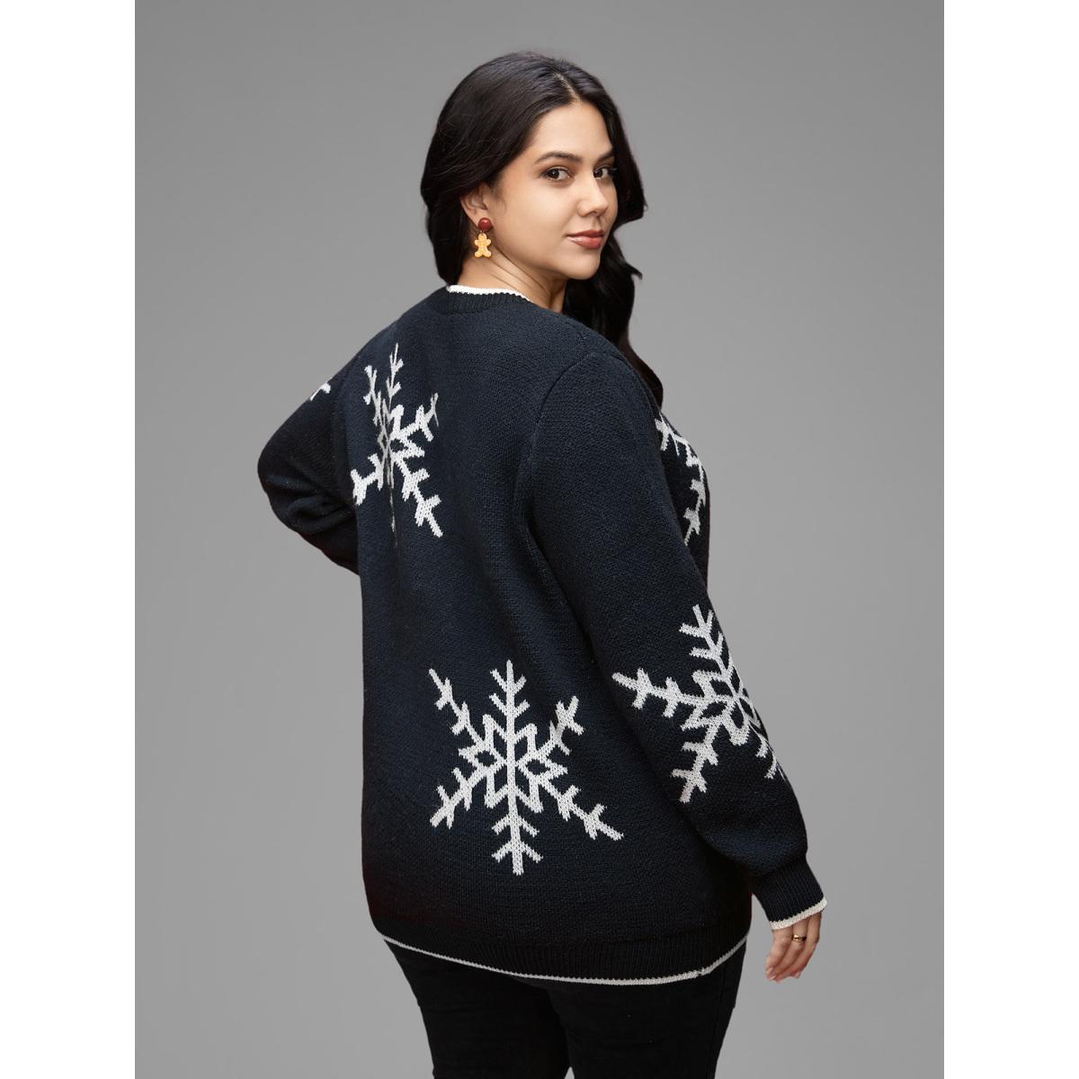 Plus Size Snowflakes Pattern Contrasting Hem Pullover Indigo Women Casual Loose Long Sleeve Round Neck Everyday Pullovers BloomChic 12/L Product Image