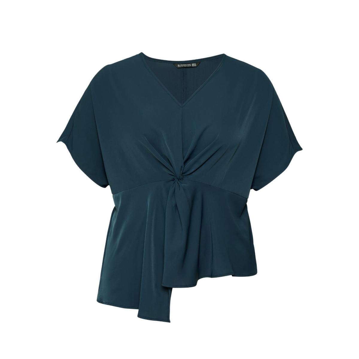 Plus Size Indigo Plain Twist Front Dolman Sleeve Asymmetrical Hem Blouse Women Office Short sleeve V-neck Dailywear Blouses BloomChic 26/4X Product Image