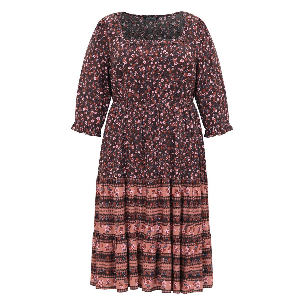 Plus Size Ditsy Floral Patchwork Square Neck Frill Trim Dress Russet Women Vacation Elastic cuffs Square Neck Elbow-length sleeve Curvy Midi Dress BloomChic 10/M Product Image