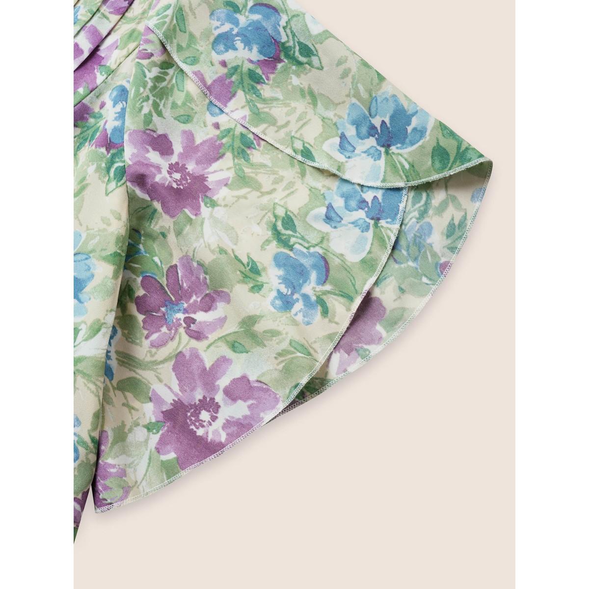 Plus Size Multicolor V Neck Floral Petal Sleeve Pleated Blouse Women Elegant Short sleeve V-neck Everyday Blouses BloomChic 18-20/2X Product Image