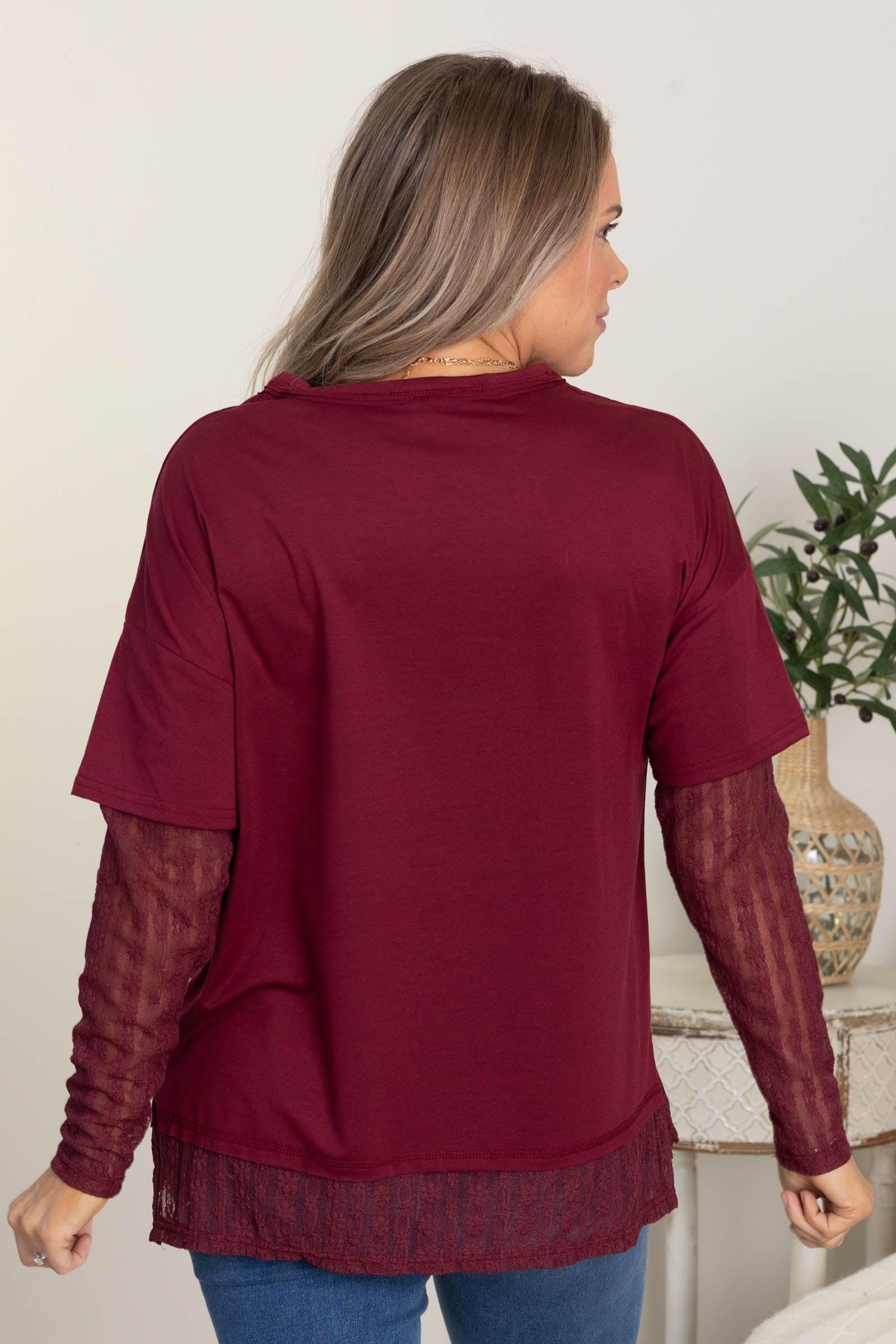 Knit Top With Faux Layered Lace Sleeve Product Image