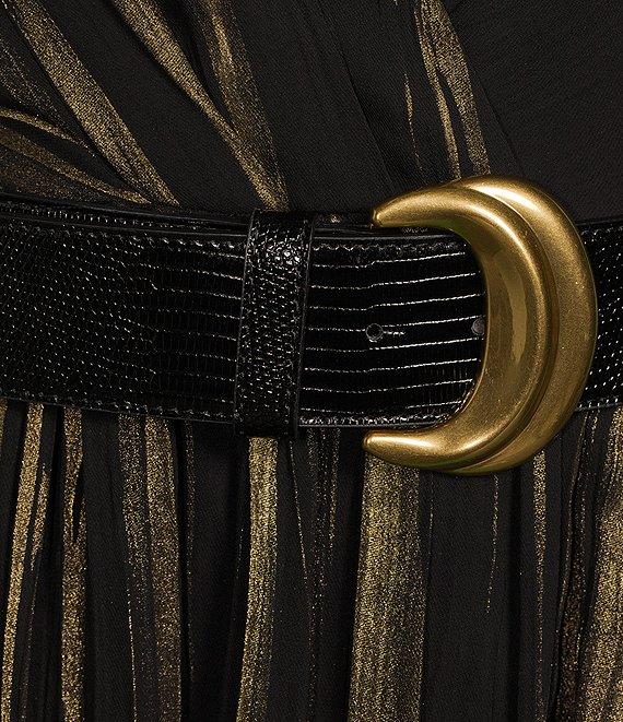 Donna Karan Halter V-Neck Sleeveless Belted Metallic Crinkle Chiffon Fit and Flare Midi Dress Product Image