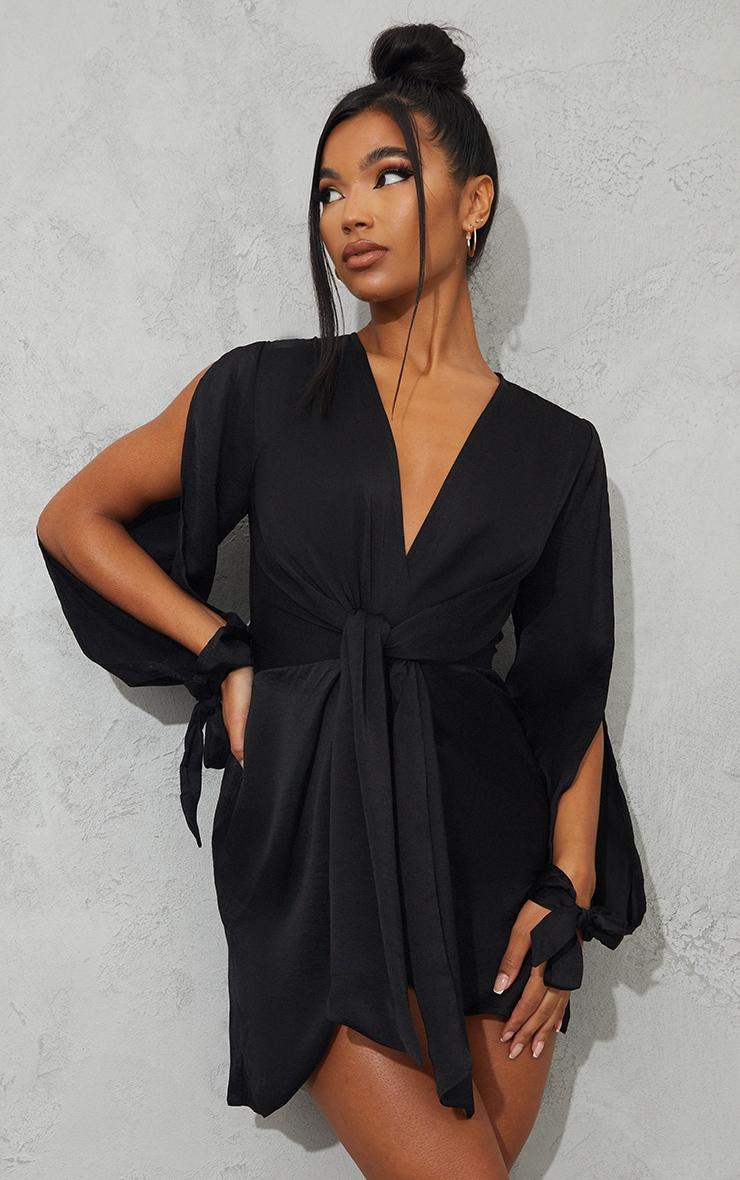 Black Satin Twist Front Open Sleeve Wrap Dress Product Image