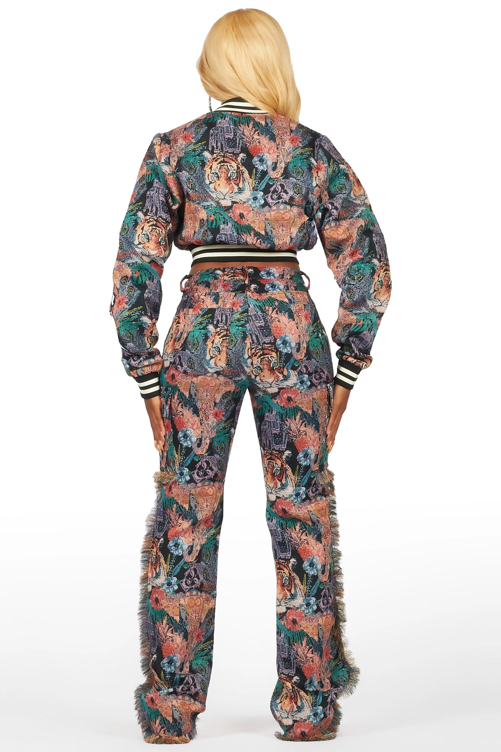 Rena Black Crop Tapestry Varsity Jacket Female Product Image