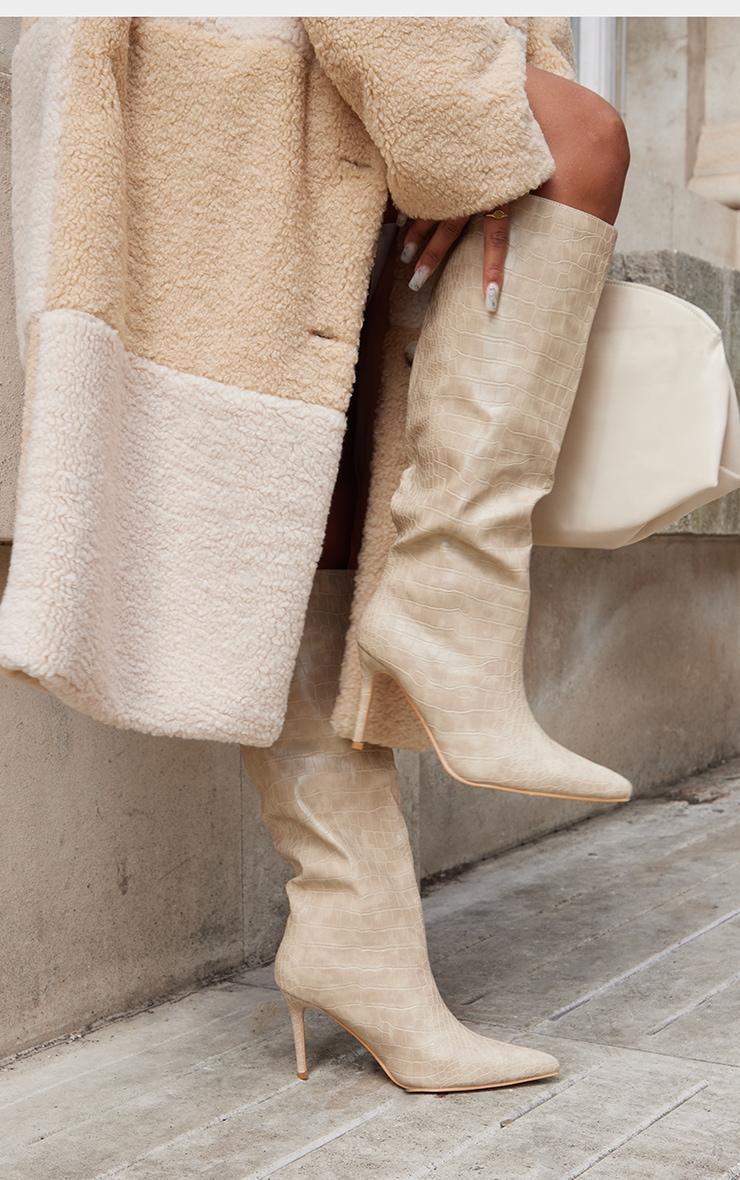 Cream PU Croc Detail Point Toe Stiletto Heeled Knee Boots Product Image
