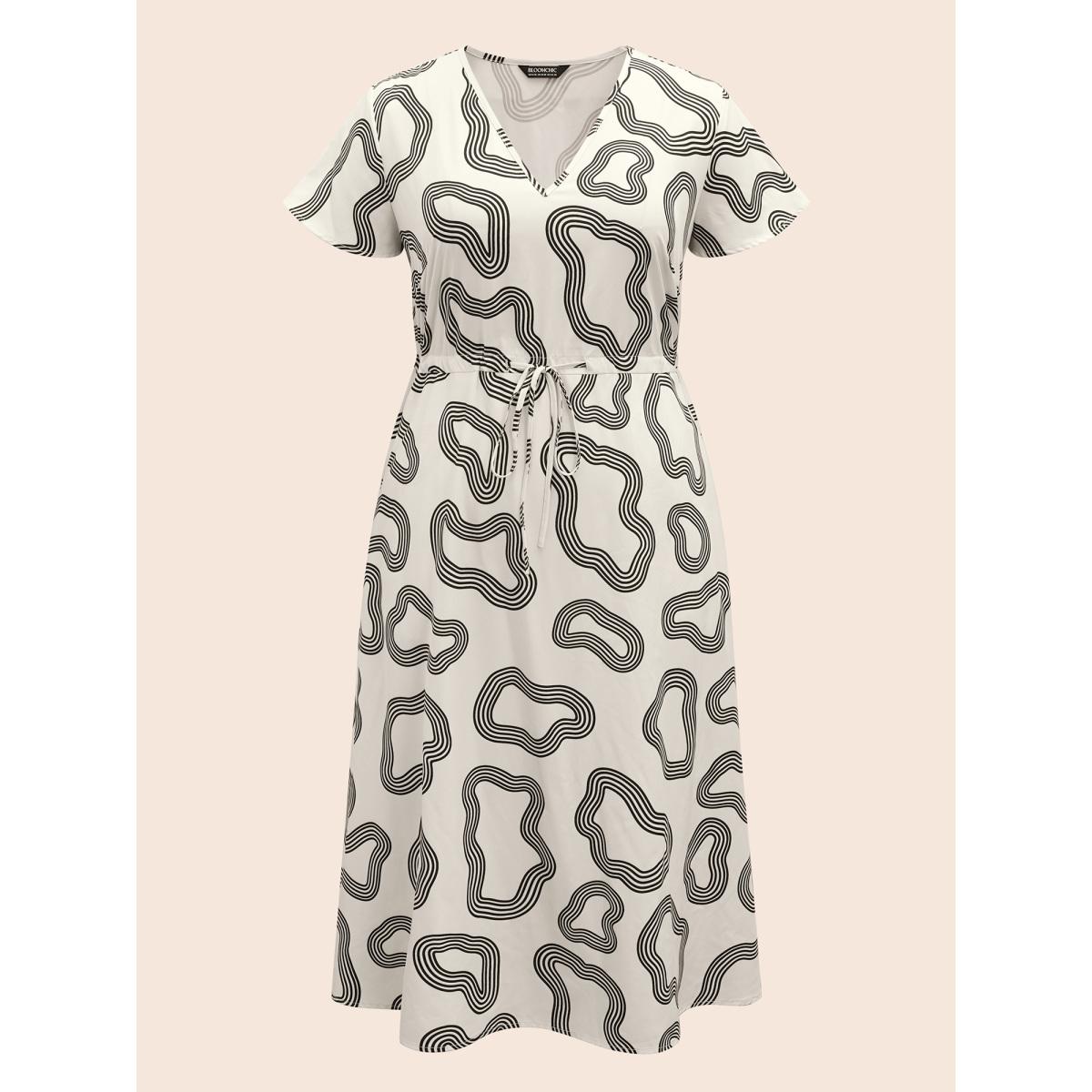 Plus Size V Neck Geometric Drawstring Midi Dress Beige Women Workwear Essentials Drawstring V-neck Short sleeve Curvy BloomChic 22-24/3X Product Image