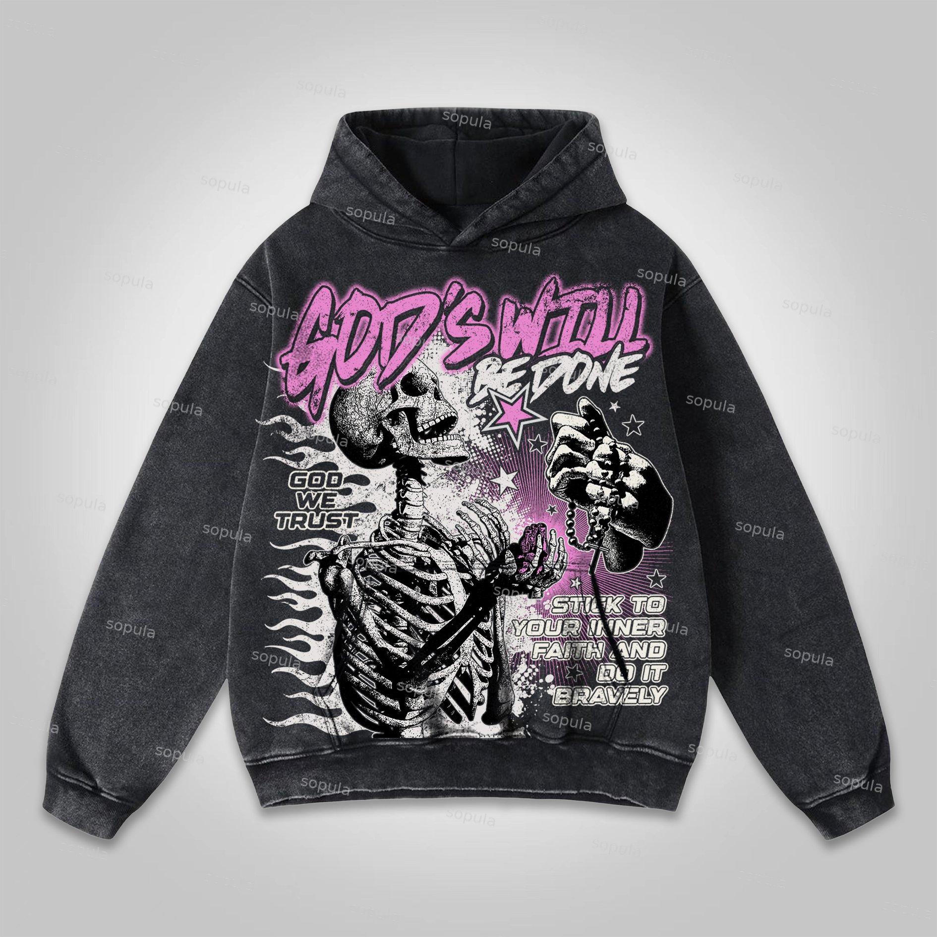 Sopula God's Will Be Done Skull Graphic Washed Hoodie Product Image