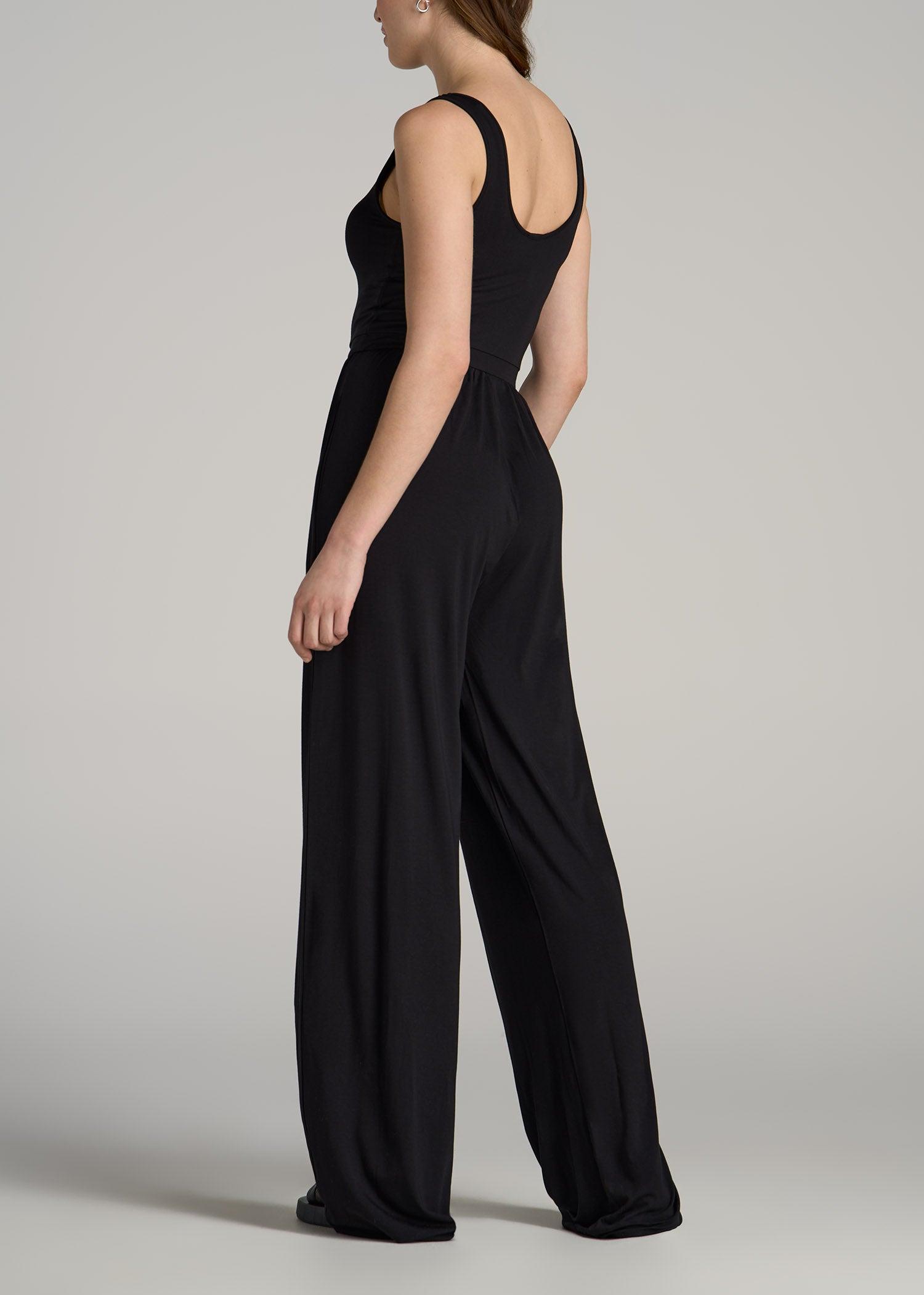 Jersey Tank Wide-Leg Jumpsuit with Pockets for Tall Women in Black Female Product Image