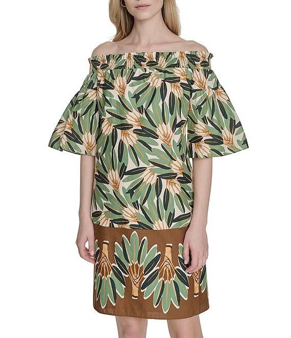 Vince Camuto Printed Poplin Off-The-Shoulder Short Sleeve Shift Dress Product Image