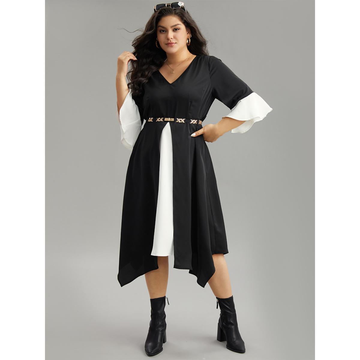 Plus Size Contrast Ruffle Sleeve Hanky Hem Dress Black Women Elegant Patchwork V-neck Elbow-length sleeve Curvy Midi Dress BloomChic 22-24/3X Product Image