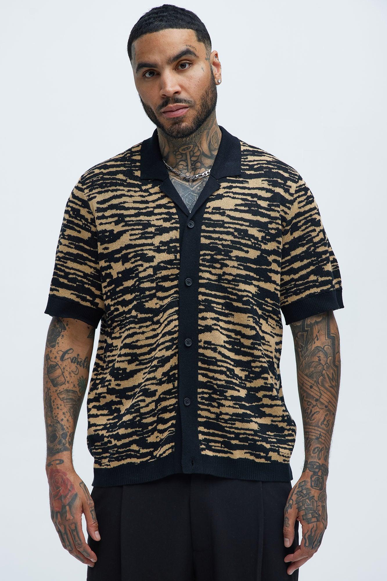 Zebra Pattern Knit Button Down Shirt - Black/combo Product Image