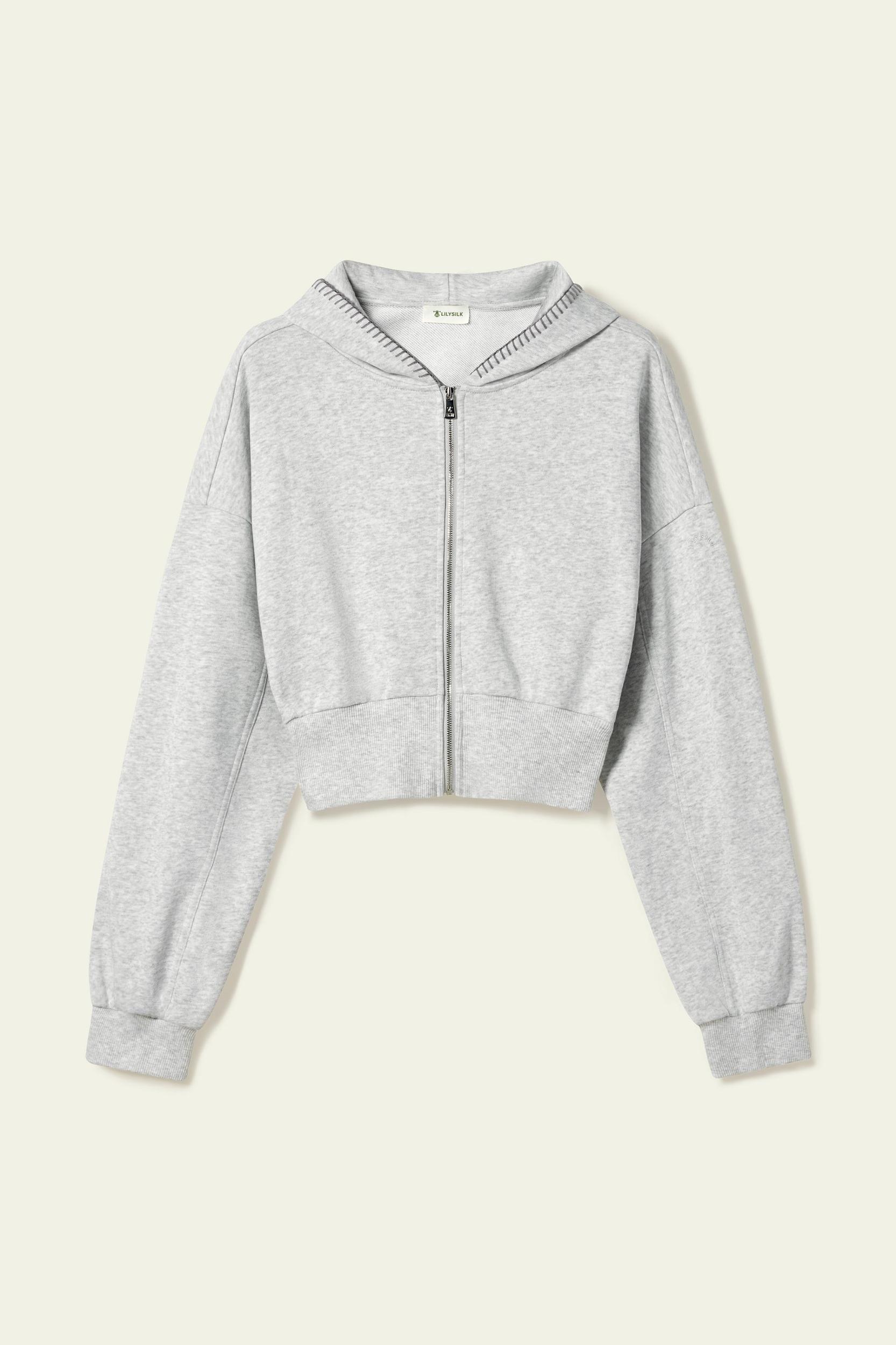 LILYSILK SILKERRY Womens Cropped Zip Up Hoodie | 100% Silk Loops | Cozy Zip-Up Jacket | Espresso L Product Image
