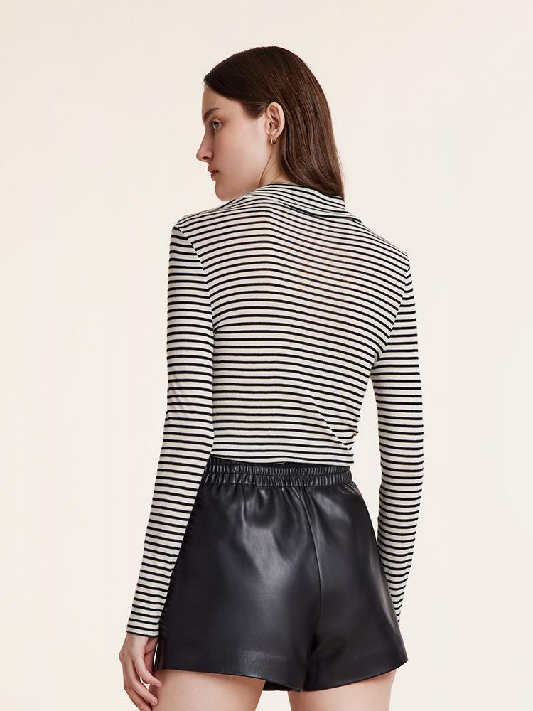 Washable Wool Striped Mock Neck Slim Women Sweater Product Image