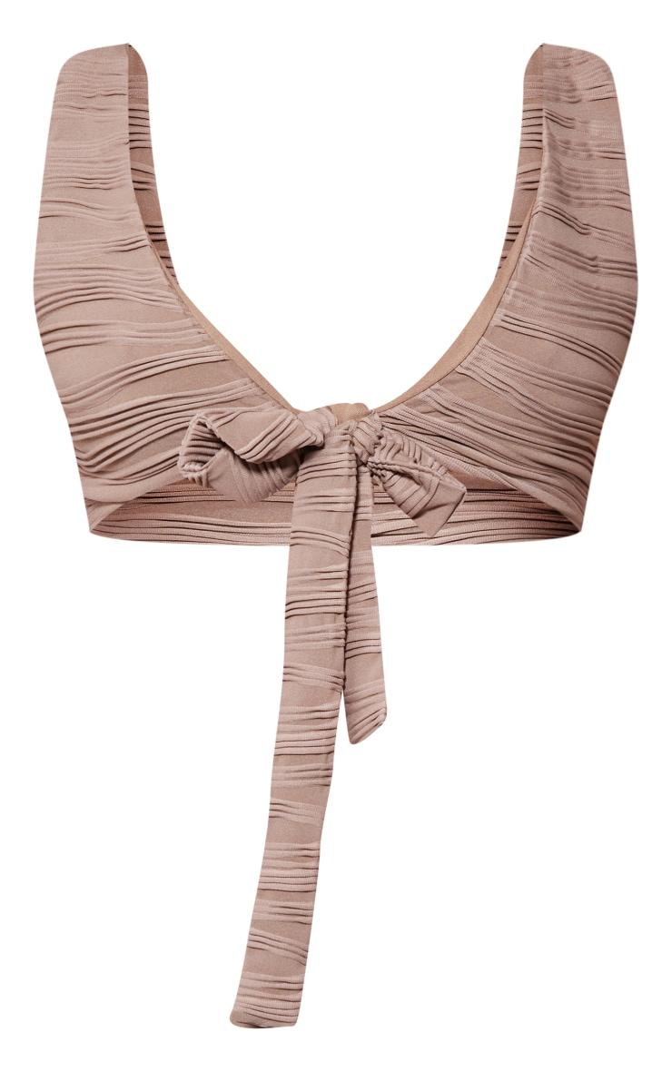 Mocha Plisse Tie Front Plunge Neck Bikini Top Product Image