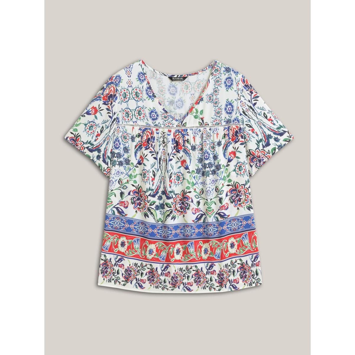 Plus Size Multicolor Rayon Floral Boho Print Lace Trim Blouse Women Short sleeve V-neck Elegant Blouses BloomChic 30/6X Product Image