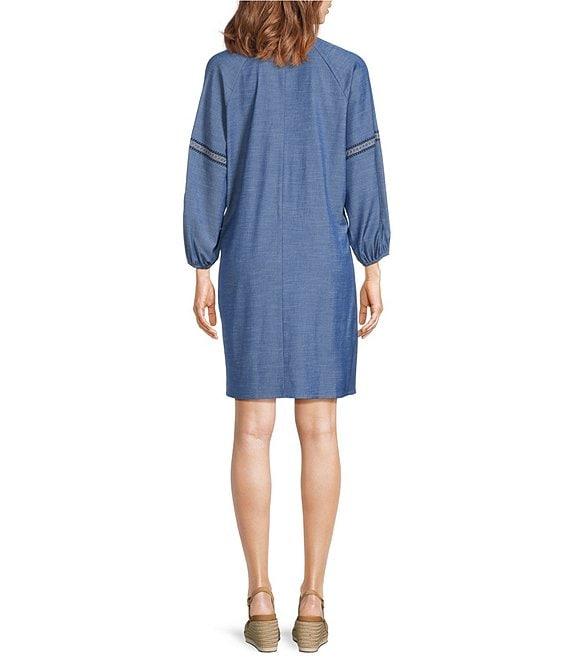 Calessa Embroidered Chambray Split V-Neck 3/4 Sleeve Shift Dress Product Image