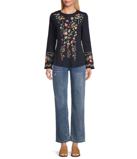 Reba Jersey Knit Floral Embroidery Crew Neck Long Bell Opening Sleeve T-Shirt Product Image