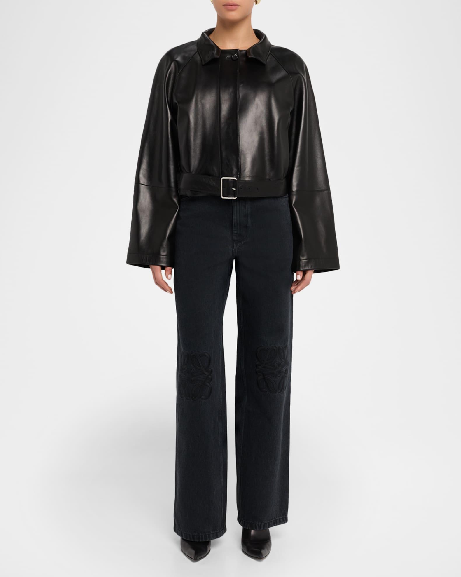 High-Neck Leather Belted Crop Trench Jacket Product Image