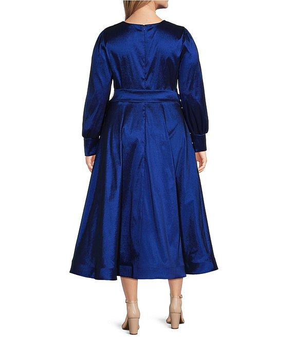 Marina Stretch Plus Size Taffeta V-Neck Long Sleeve Tie Sash Fit-and-Flare Gown Product Image