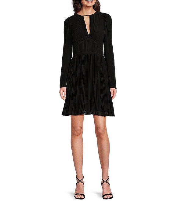MICHAEL Michael Kors Solid Eco Poly Keyhole V-Neck Elastic Sleeve Cuff Fit & Flare Dress Product Image