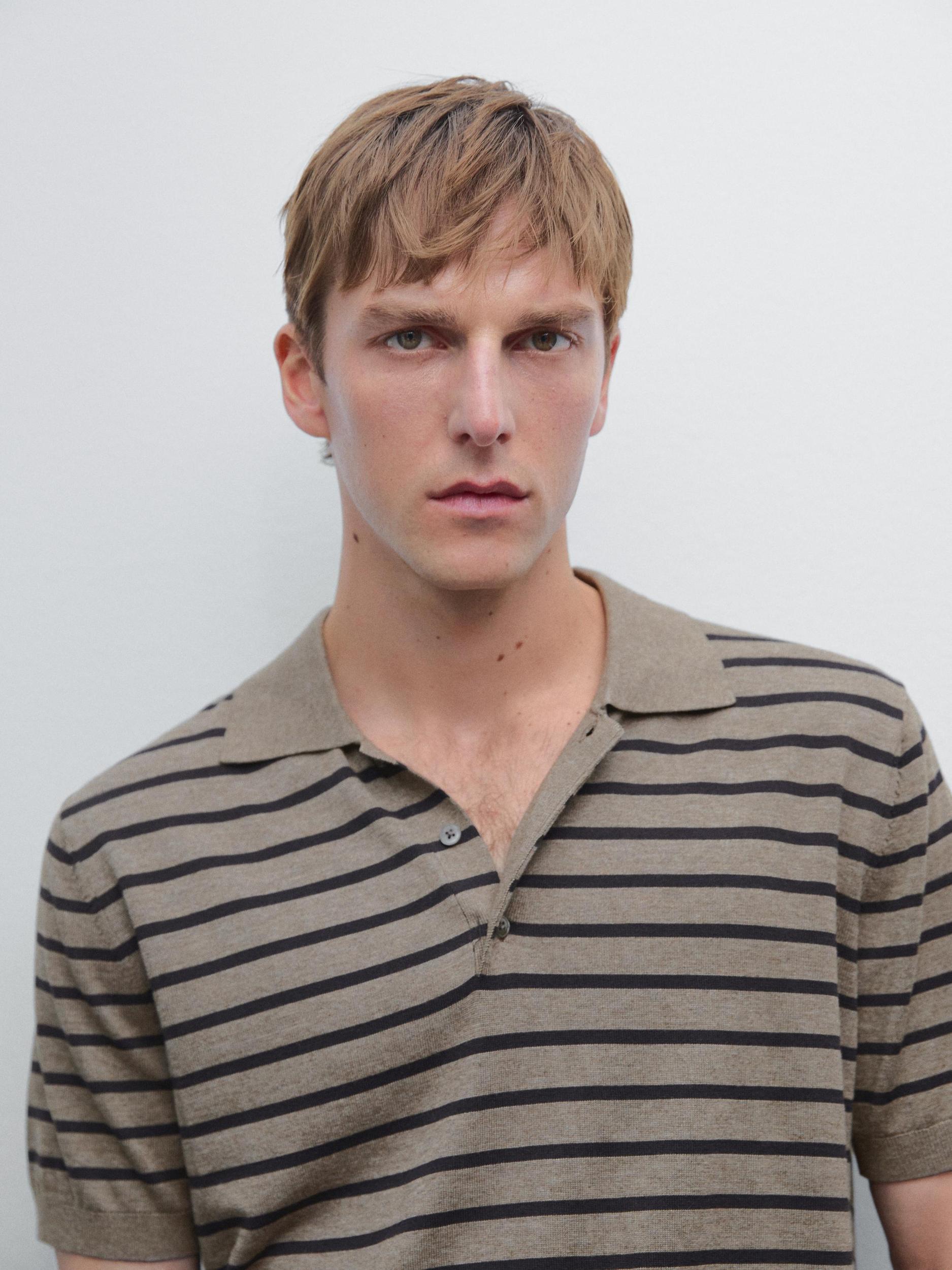 Short sleeve striped knit polo shirt Product Image