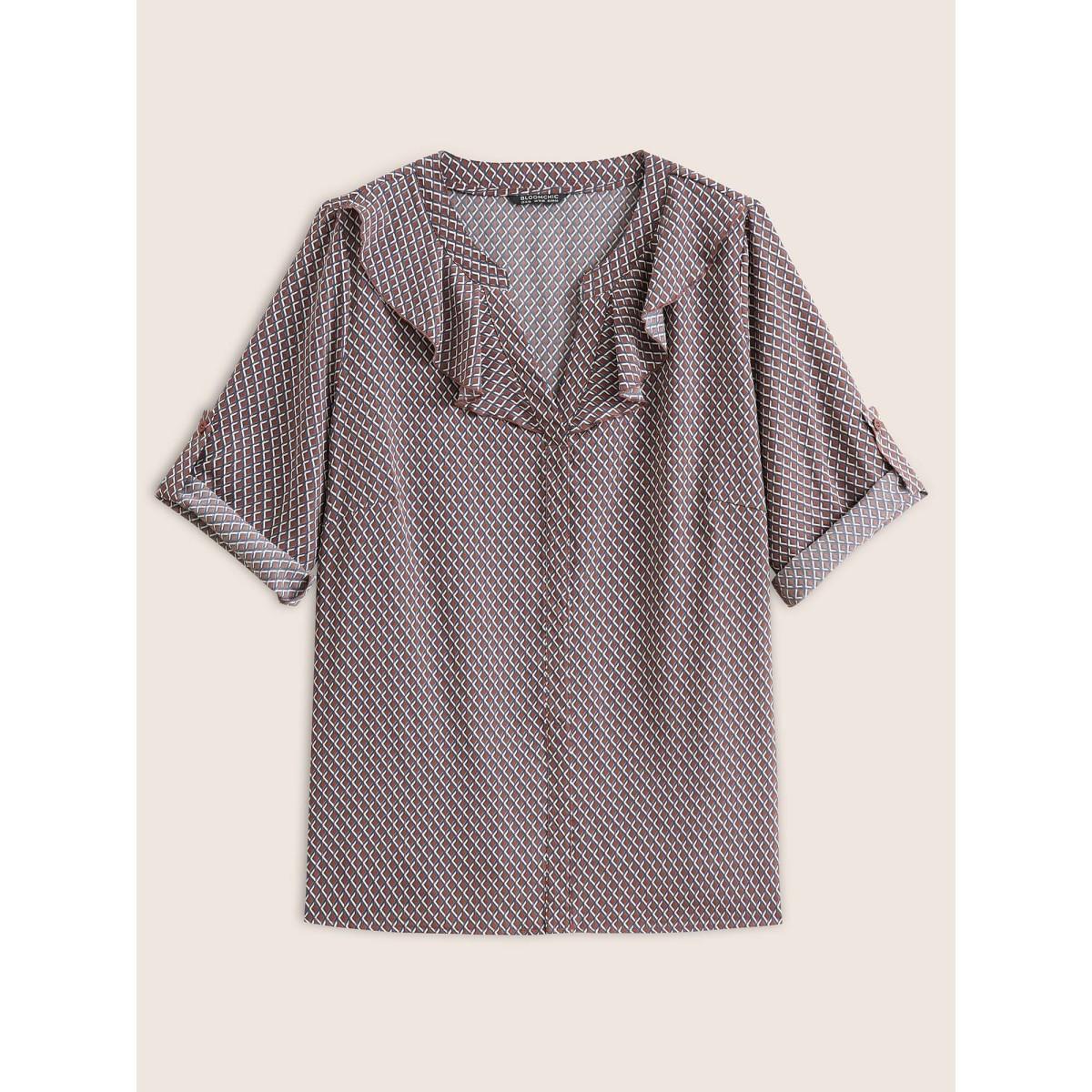 Plus Size Indigo Gingham Ruffle Trim Tab Sleeve Blouse Women At the Office Elbow-length sleeve V-neck Work Blouses BloomChic 26/4X Product Image