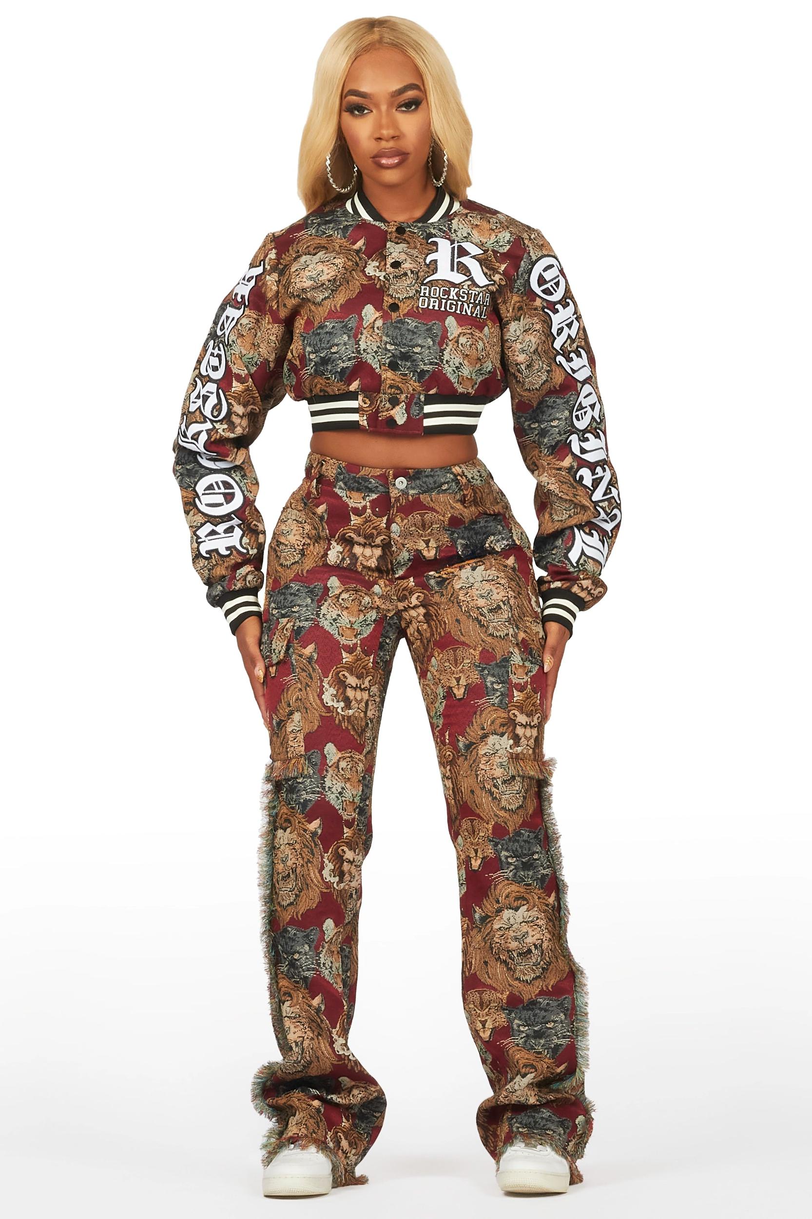 Khadiyah Red Crop Tapestry Varsity Jacket Female Product Image