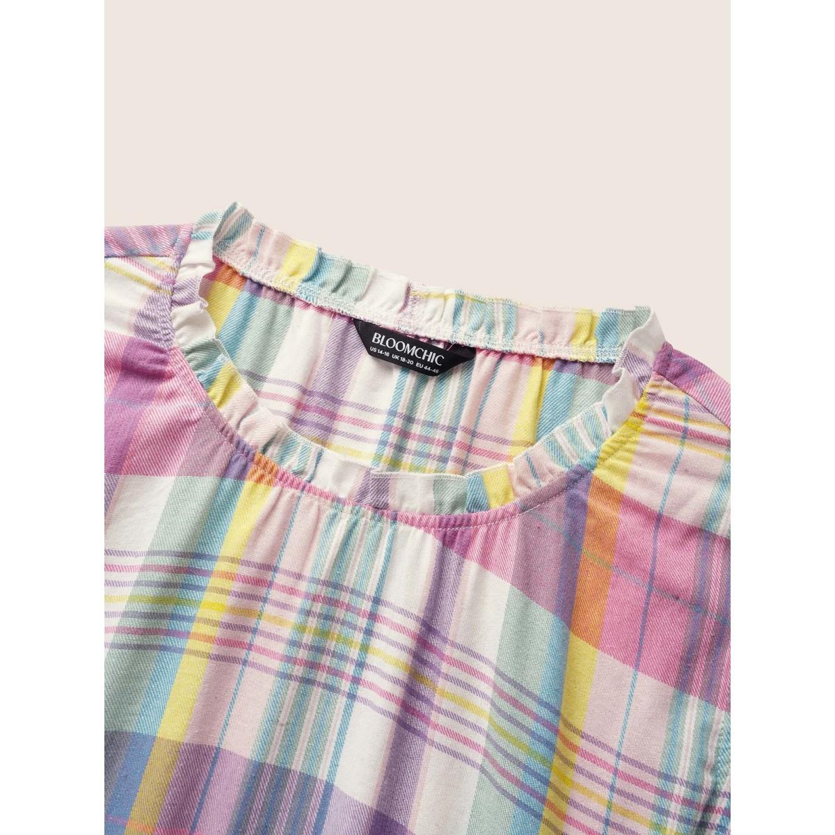 Plus Size Multicolor Crew Neck Colored Plaid Split Hem Blouse Women Casual Cap Sleeve Round Neck Everyday Blouses BloomChic 22-24/3X Product Image