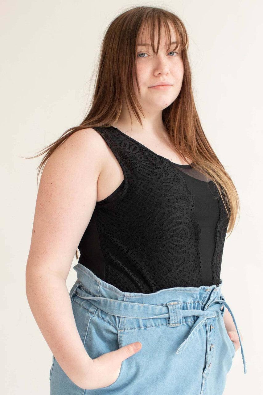Black Mesh & Lace Front Bodysuit (Extended Sizes) Product Image