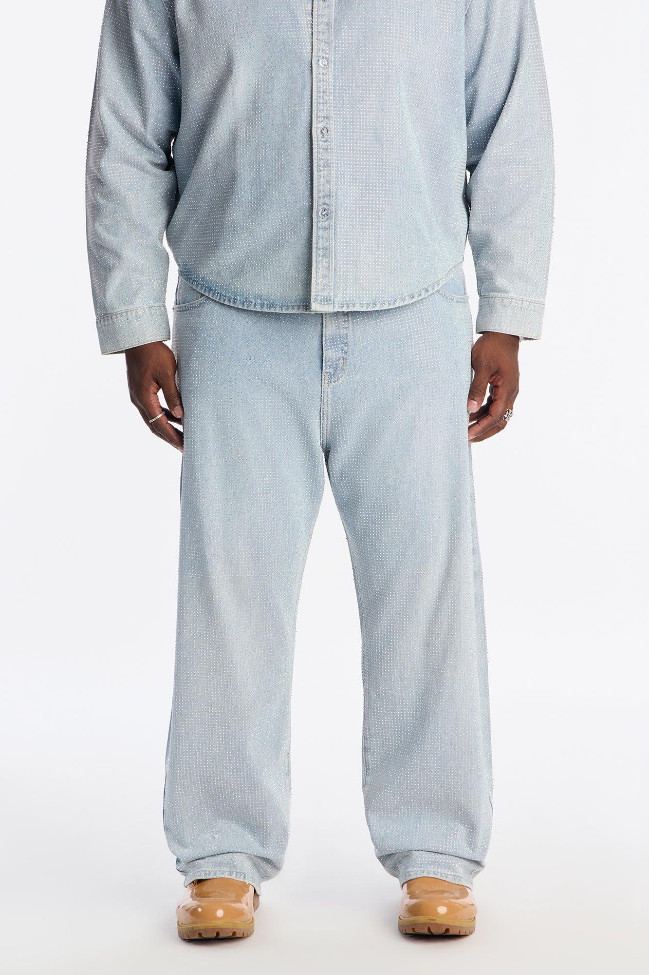 Baggy Jeweled Diamond Drift Jean - Light Wash Product Image