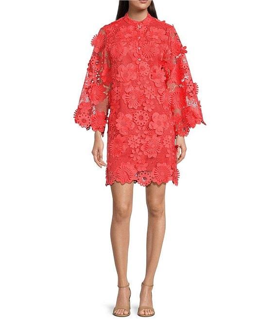 J.Marie Seraphina Floral 3D Lace Split Round Button Up Neck Long Sleeve Shift Dress Product Image