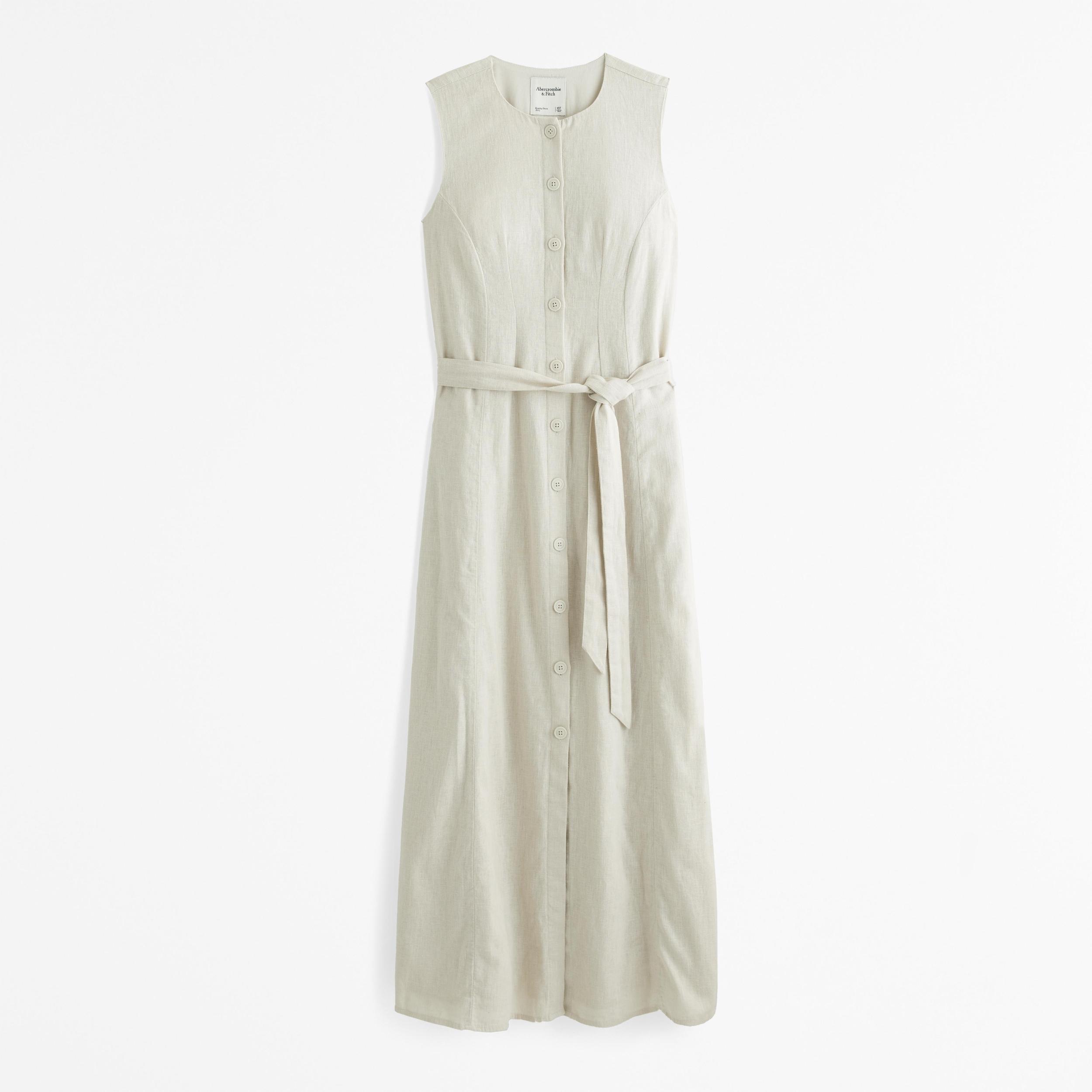 Linen-Blend Belted Midi Dress Product Image