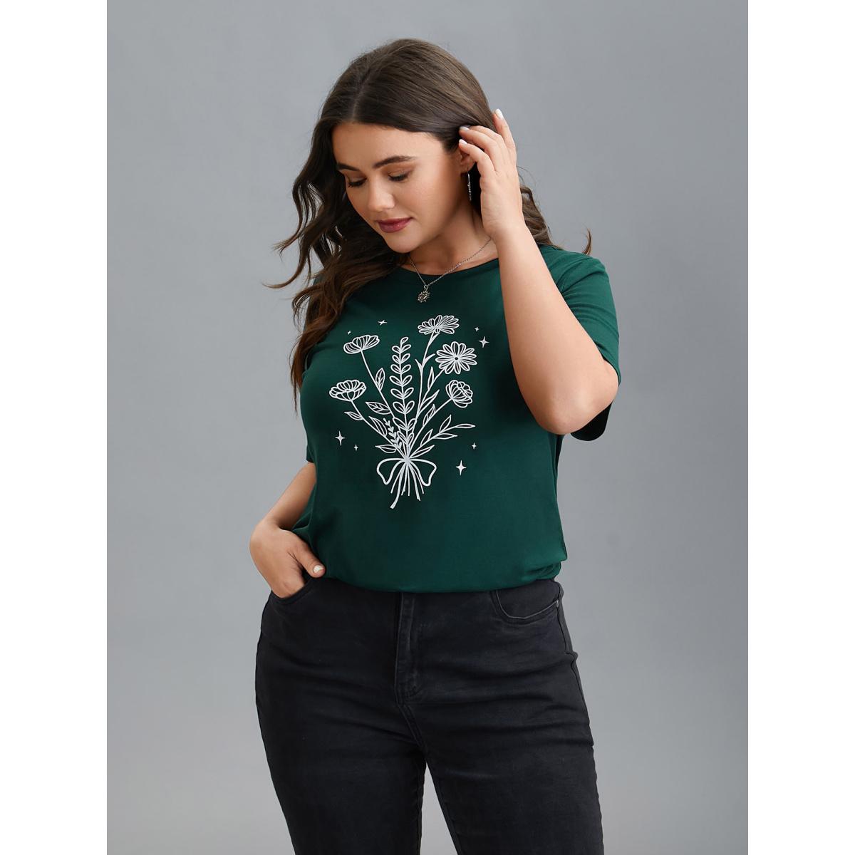 Plus Size Floral Motif Round Neck Fitted T-Shirt DarkGreen Women Casual Non Natural Flowers Round Neck Everyday T-shirts BloomChic 14-16/1X Product Image