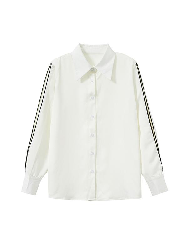 Long Sleeves Loose Buttoned Contrast Color Lapel Blouses&Shirts Tops Product Image