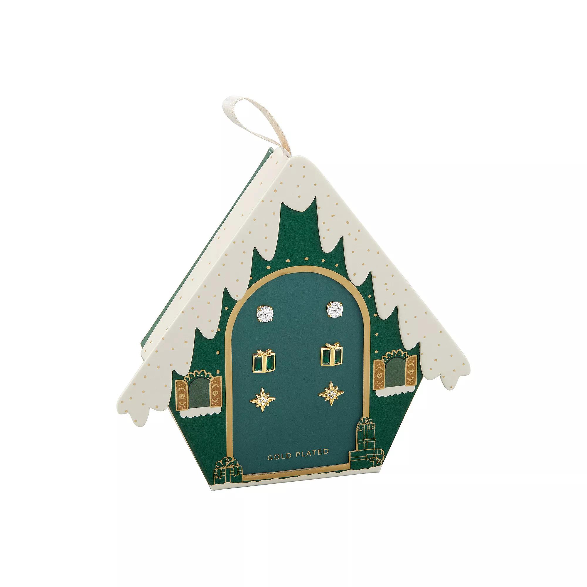 Brilliance 18k Gold Plated Cubic Zirconia & Crystal Present & Starburst Stud Earrings Trio, Women's, Gold Tone Green Product Image