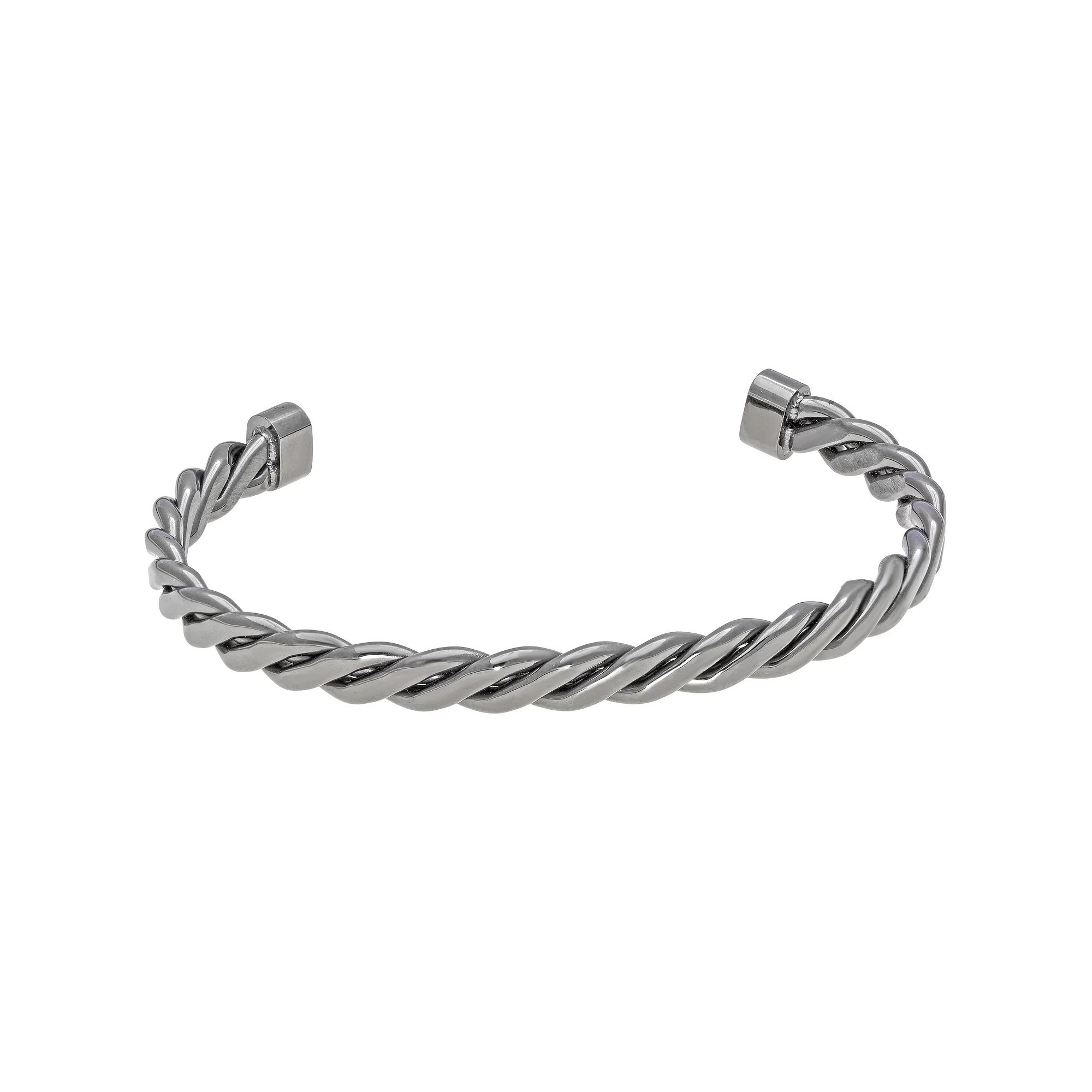 Men's LYNX Gray Ion-Planted Stainless Steel Cuff Bangle Bracelet, Size: 8.5" Product Image