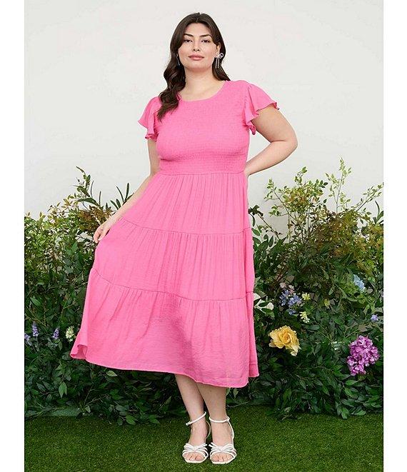 Perch By Blu Pepper Plus Short Flutter Sleeve Smocked Tiered Midi Dress Product Image