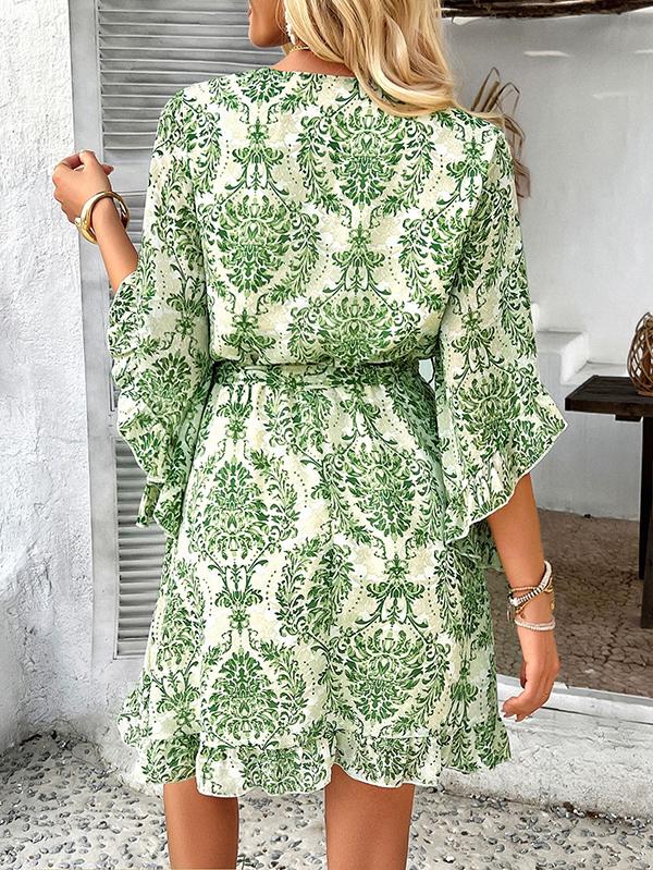 Flared Sleeves Half Sleeves Flower Print Ruffle Trim Split-Joint Tied Waist V-Neck Mini Dresses Product Image