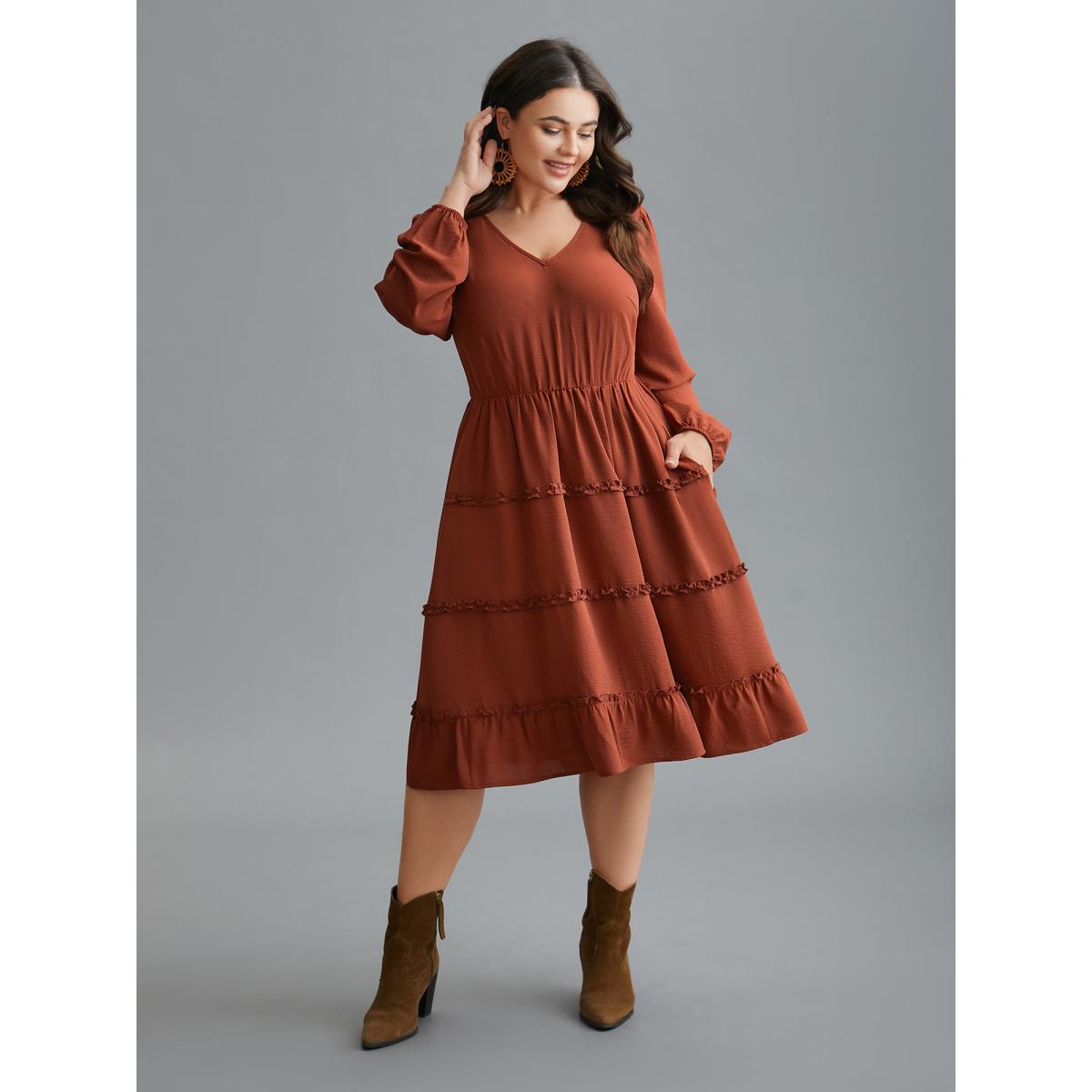 Plus Size Plain Frill Trim Ruffle Layered Hem Dress Russet Women Resort Gathered V-neck Long Sleeve Curvy BloomChic 28/5X Product Image