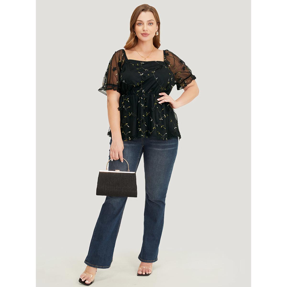 Plus Size BlackFlower Plant Embroidered Appliques Mesh Puff Sleeve Blouse Women Party Short sleeve Square Neck Going out Blouses BloomChic 12/L Product Image