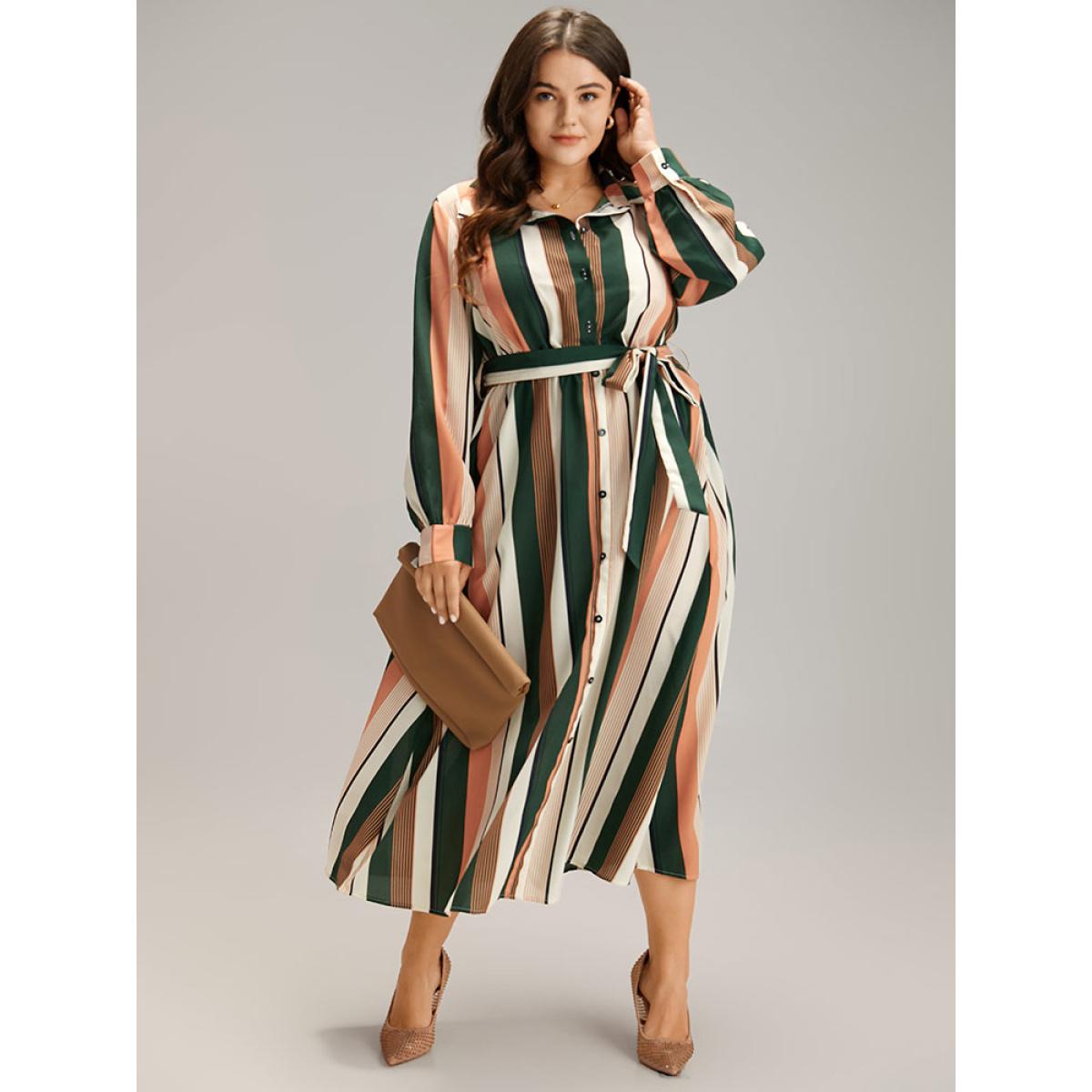 Plus Size Striped Belted Shirt Collar Button Through Dress Multicolor Women At the Office Printed Shirt collar Long Sleeve Curvy Midi Dress BloomChic 30/6X Product Image
