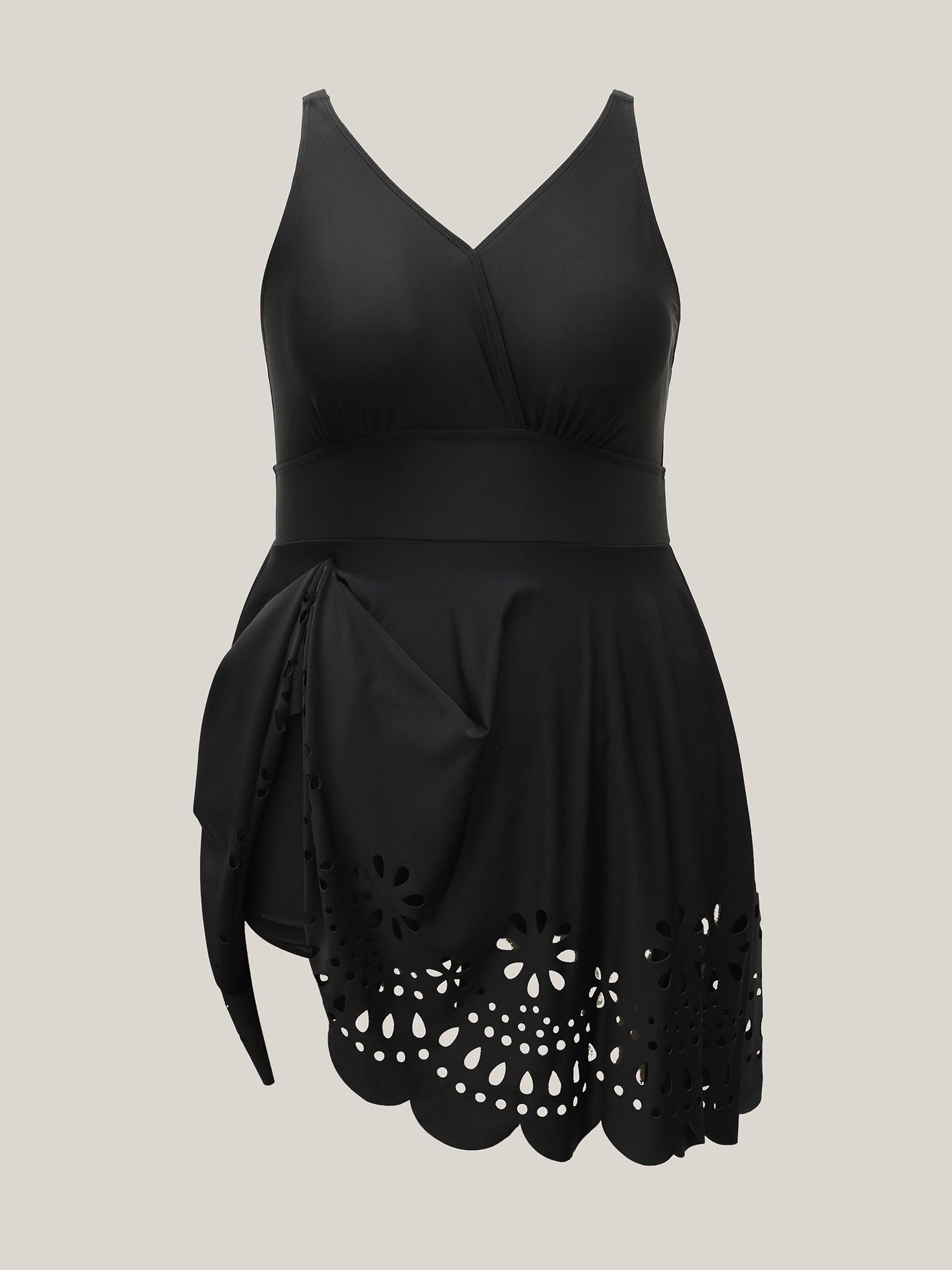 Laser Cut Surplice Neck Waist-Cinched Swim Dress Female Product Image