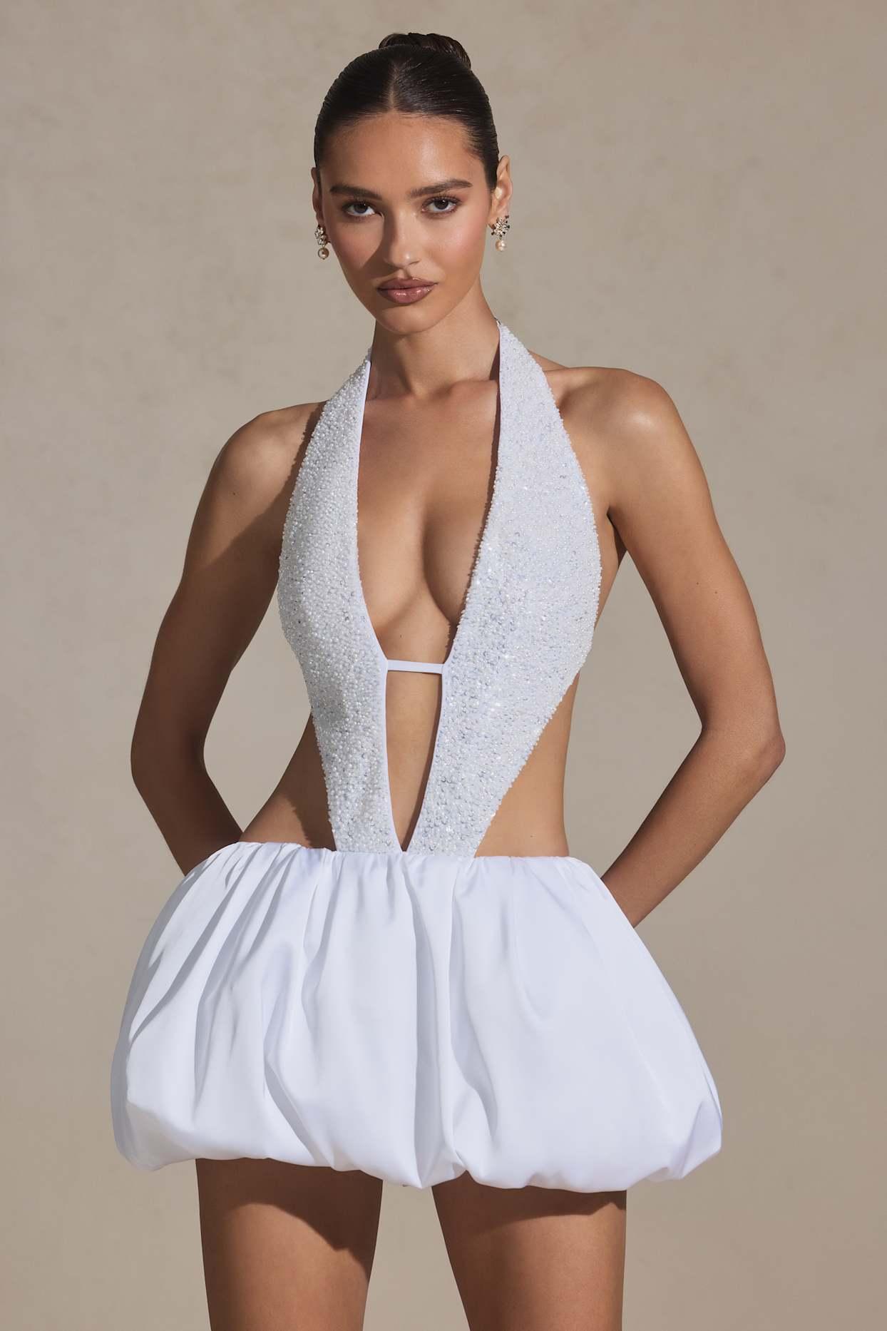 Embellished Cut-Out Bubble Hem Mini Dress in White Product Image