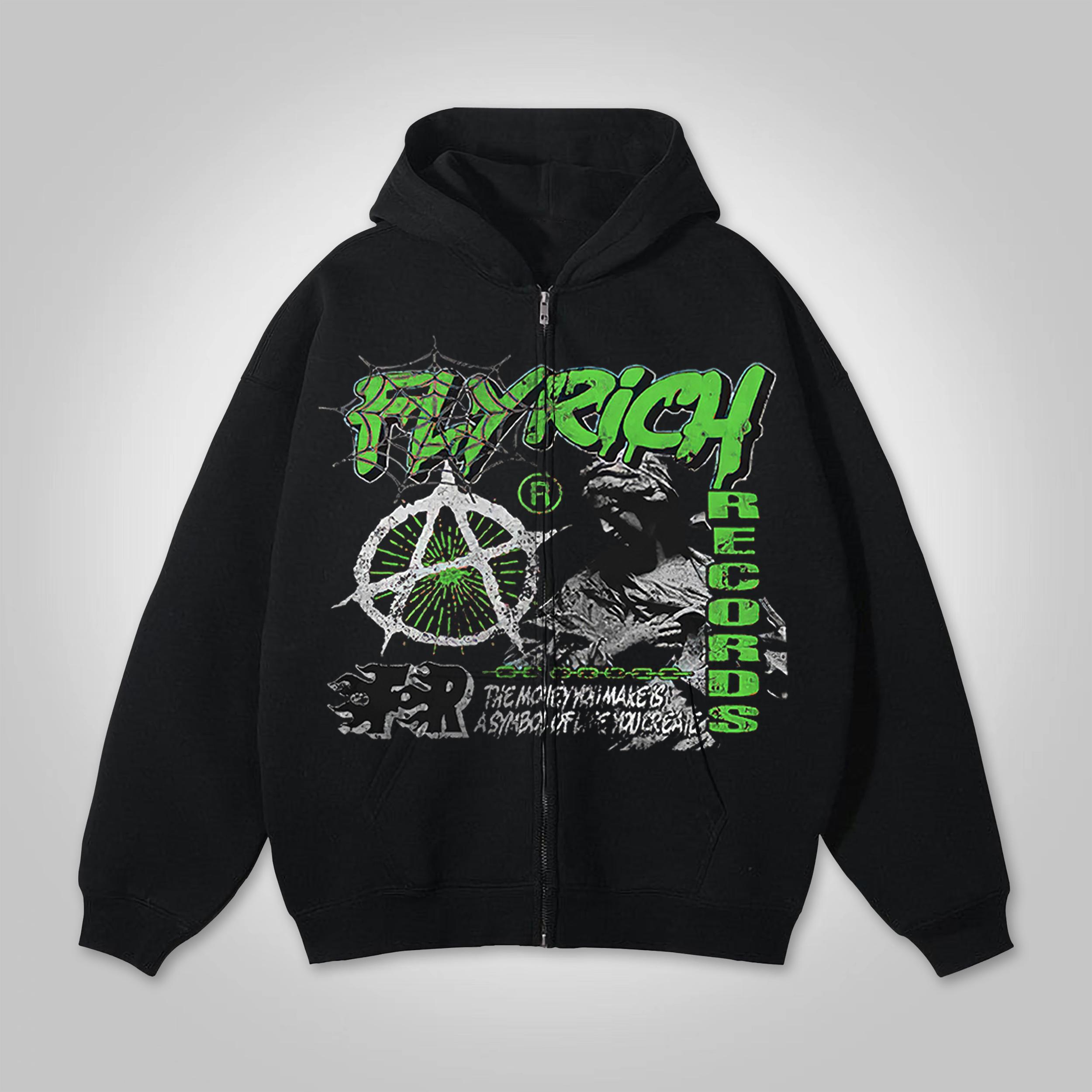 Y2k Fashion Fly Rich Vintage 2019 Graphic Hip Hop Oversized Zip Up Hoodie Product Image